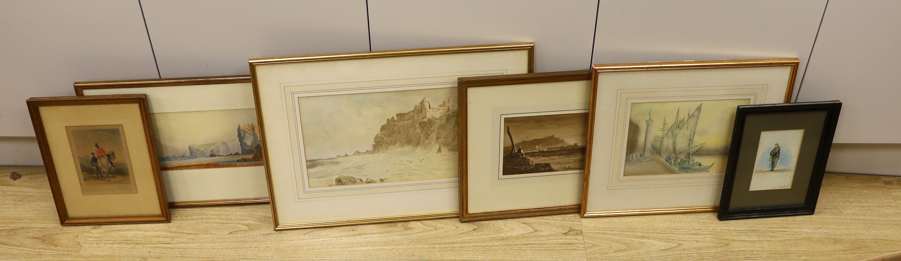 Six watercolours and prints including Frederick C. Jackson (fl.1868-1884), watercolour, 'Near Kynance Cove', attributed to Samuel Prout (1783-1852), sepia watercolour and a pen and ink sketch of an army officer, largest